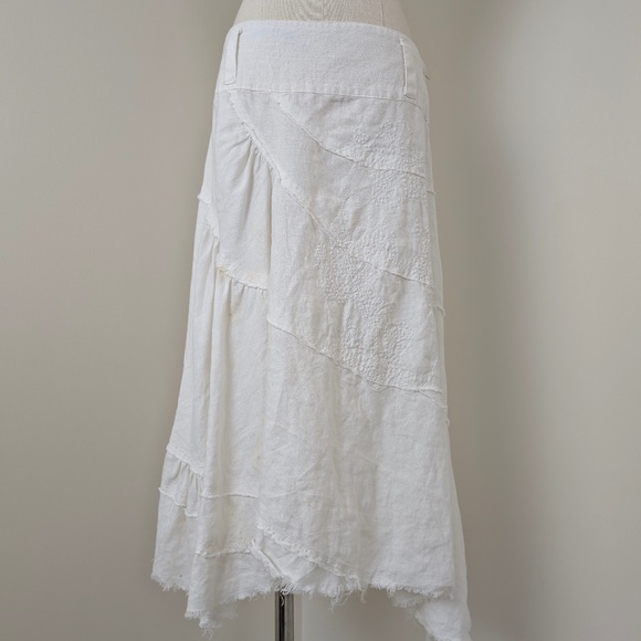 Linen Le Chateau Midi Skirt Asymmetrical White High Low Tiered Frayed Distressed - Picture 2 of 10